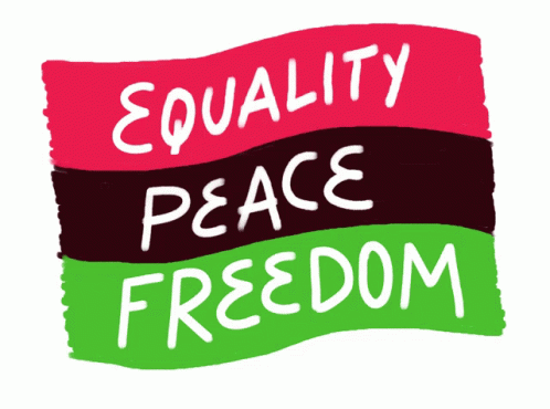 the word equality, peace, and freedom painted on the background