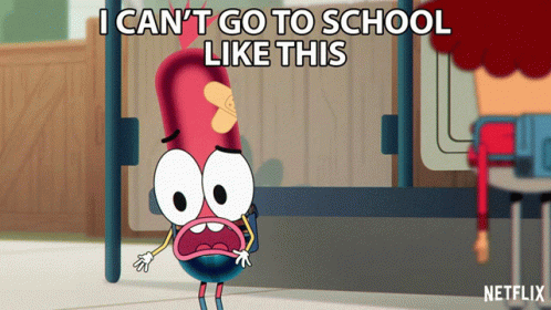 an animated image of a cartoon character saying it can't go to school like this