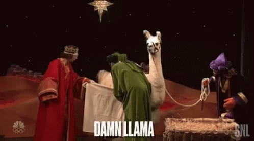 a camel is in front of a table with a person dressed as a biblical man