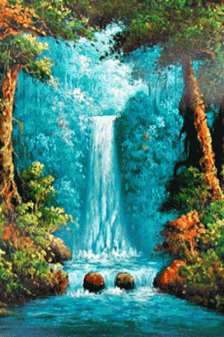 painting - waterfall and three bears by james far