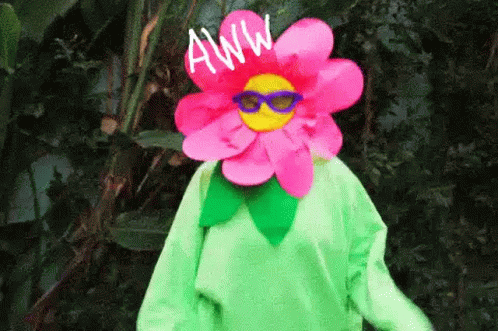 a person wearing green and purple costume with a purple flower on top of it
