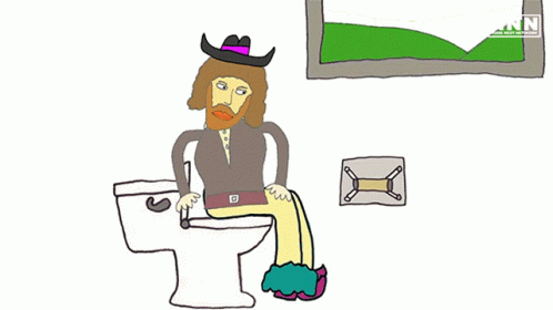 the illustration depicts a man sitting on a toilet in front of a monitor