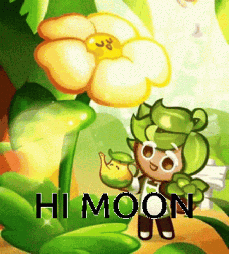 cartoon character surrounded by green foliage with words hi moon