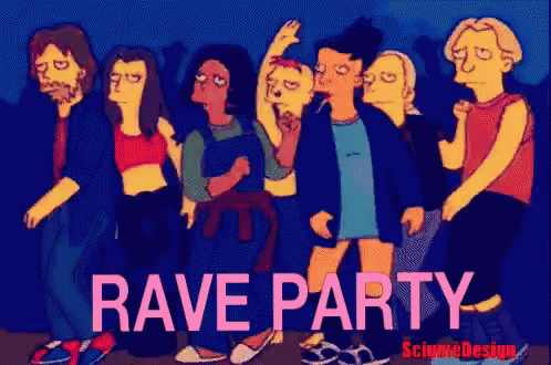 a cartoon picture with the words rave party in different colors