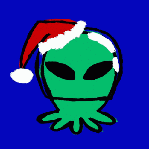 an alien with christmas hat and green skin