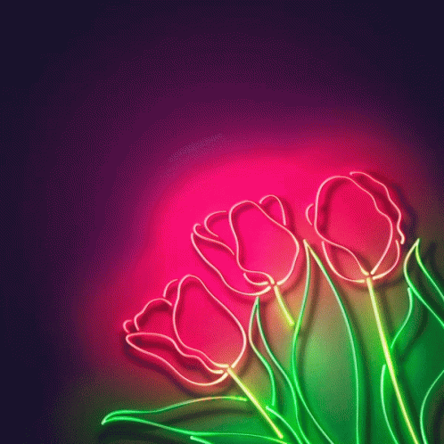bright flowers and buds in neon green and purple light