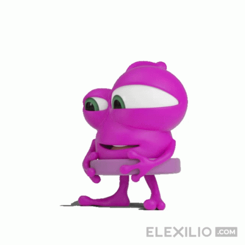 a cartoon character holding onto a purple object