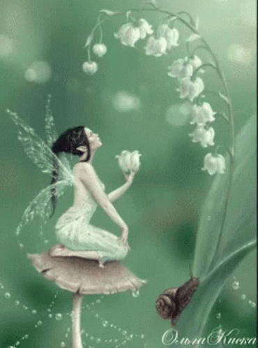 a fairy sitting on a flower by lily of the valley
