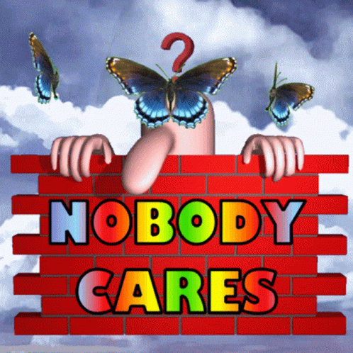 a cartoon figure with two erflies above it that says nobody cares