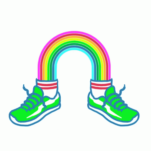 a pair of running shoes under a rainbow