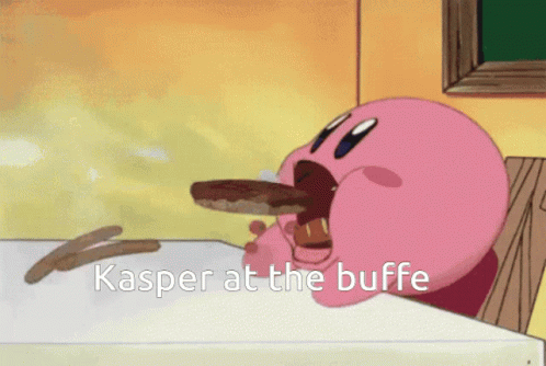 a purple cartoon sitting at a table with words that say kaspert at the buffet