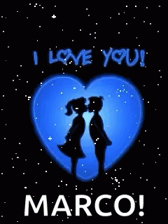 the silhouette of two people standing near an orange heart with the words i love you marco