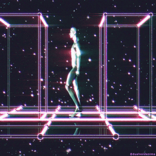 futuristic image of a mannequin walking through a cubed room