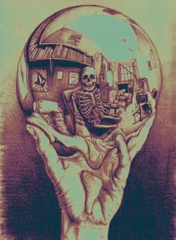a hand holds a mirror ball with a skeleton inside