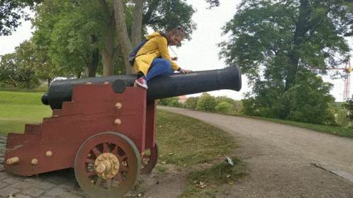 a man sitting on top of a cannon on a tree