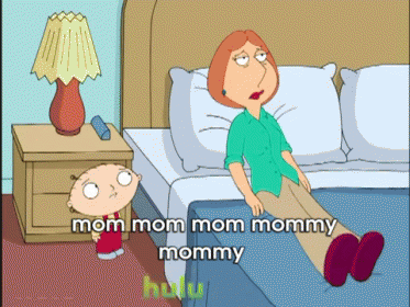 a cartoon character in bed with the caption mom, mom, mommy