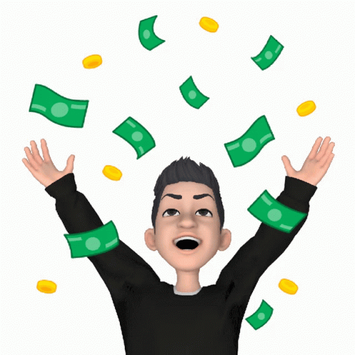 man with hands in the air with money flying around
