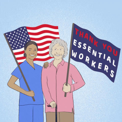 two men holding american flag next to a thank you essential workers sign