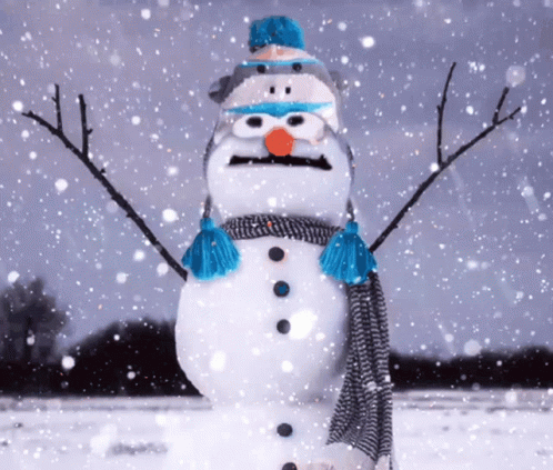 a snow man wearing a scarf and hat while standing in the snow