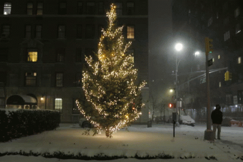 a large blue christmas tree is illuminated up in the snow