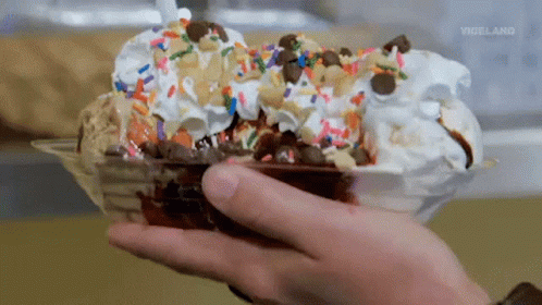 a person holding an ice cream with toppings on top