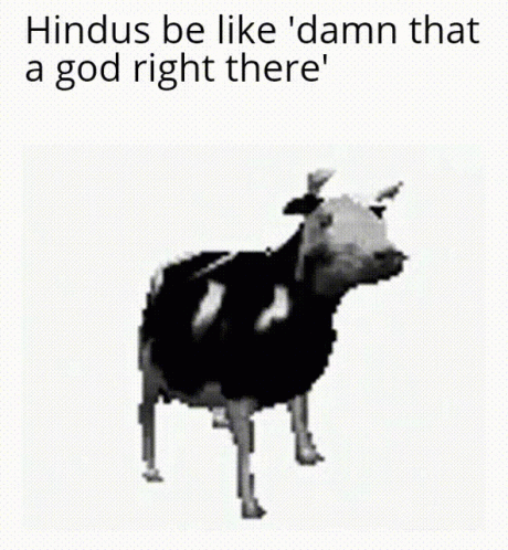 a white poster with a black cow and a caption