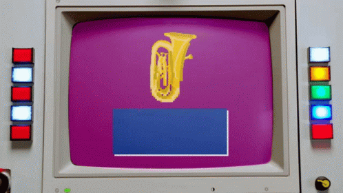 an old television with an image of a trumpet on the front of it