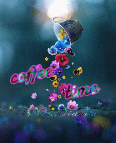a colorful text that has flowers and some coffee