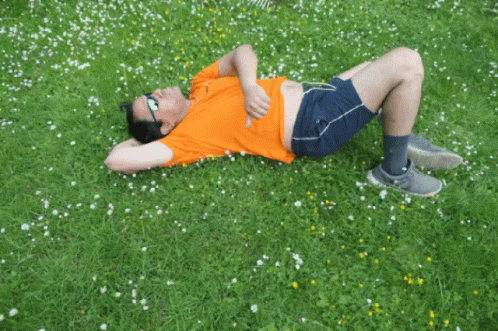 a man laying on the grass with sunglasses on