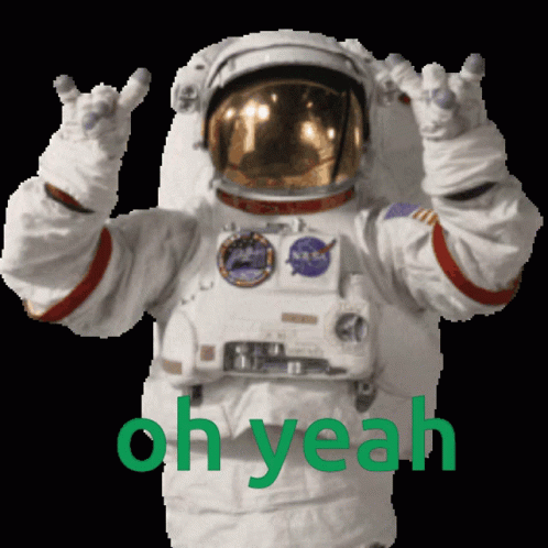 a nasa suit that is white with blue trim and lettering that says oh yeah