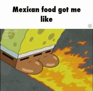 mexican food got me like text over an image of a piece of bread