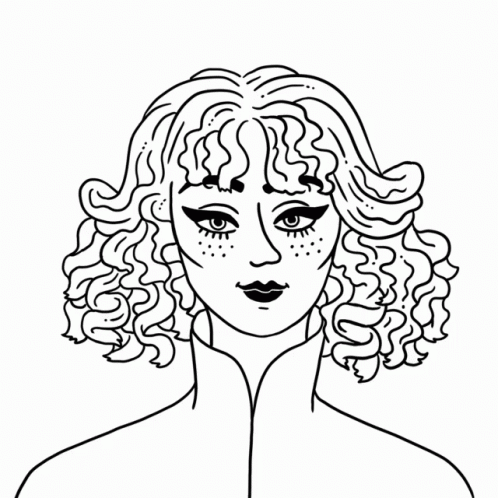 a line drawing of a woman with curly hair and red lips