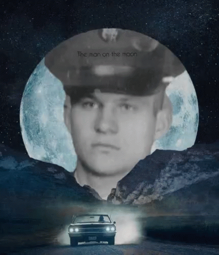 a car driving past a man on the moon