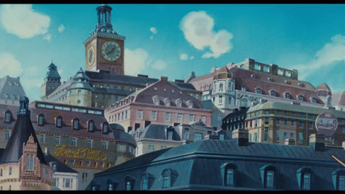 an animated of city with clock towers and clouds