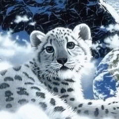 a painting of two white leopards in front of rocks