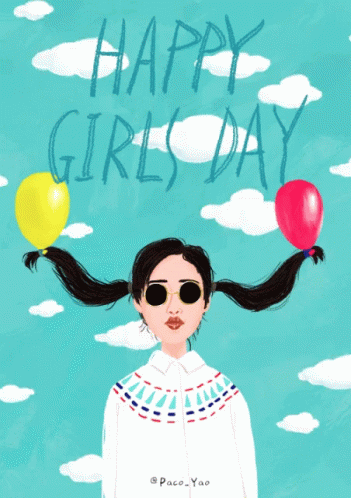 a card for a girl with long black hair and sunglasses