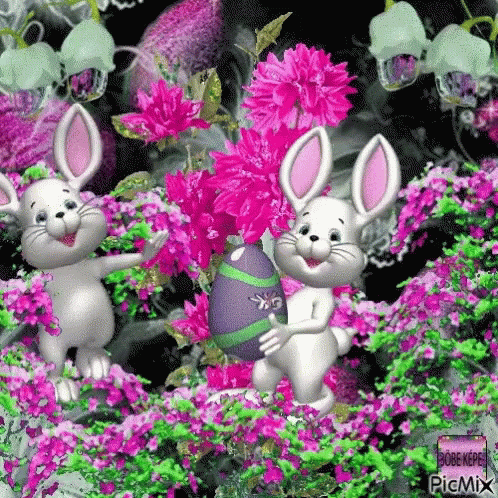 two bunnies with purple flowers, one holding a large easter egg
