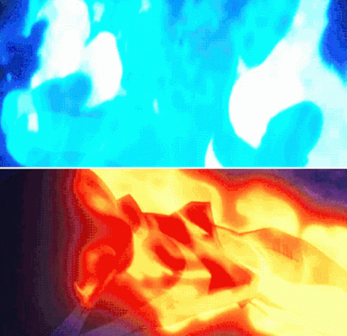 two pictures with one showing an image of an object on fire