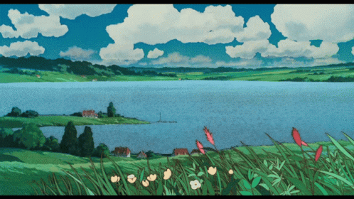 a painting of a scenic lake near grass