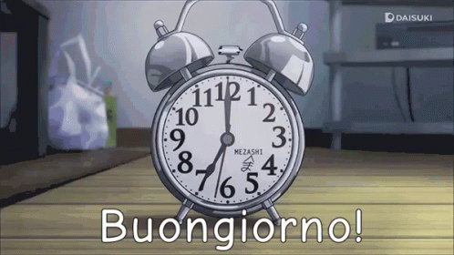an animated screen with an alarm clock and the text buongiorno