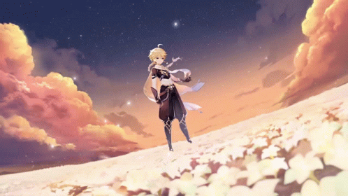 anime girl standing in the clouds holding a bag