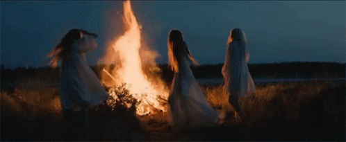 a fire is burning in the grass near a couple of girls