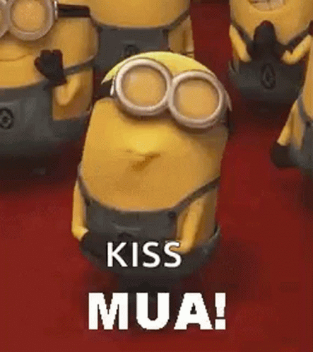 four minion are sitting next to each other with the words kiss and mua