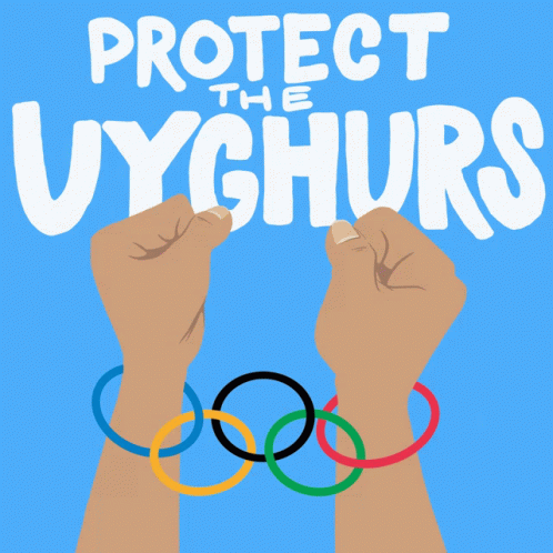 an olympic poster with hands raising and a lettering message in the background
