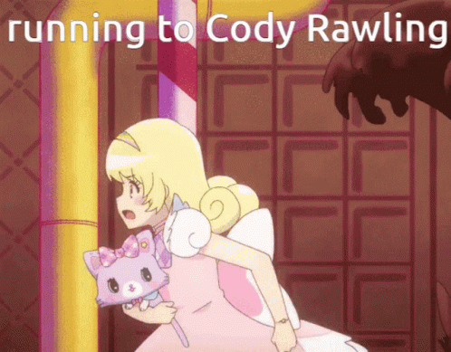 cartoon girl holding a pig and dancing with caption, running to copy rawling