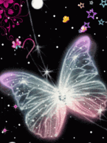 a digital image of a erfly flying among stars and confetti