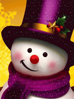 a snowman with a purple scarf and hat