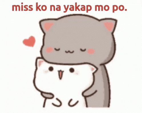 two cats are hugging one another and one says, i miss you na yakap mopo