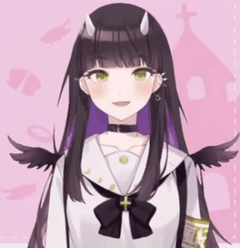 a black haired girl in white and black with horns on her head