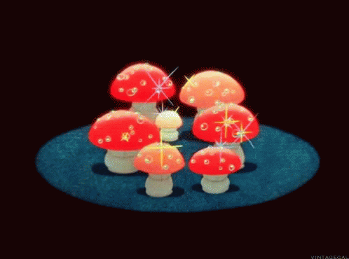 several blue lighted mushrooms in a group